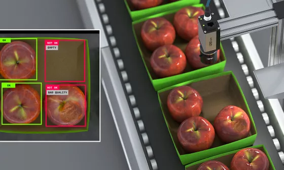 IDSカメラはベルトコンベア上の包装されたリンゴの完全性と品質をチェックする。