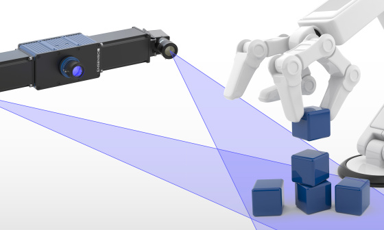 箱を積み重ねるロボットアームとEnsenso 3Dカメラのイラスト。