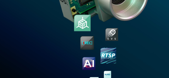 TOF、EVS、REC、RTSP、AI、MPEG、H264 用の複数のアイコンを備えた IDS uEye イベントベースカメラ。