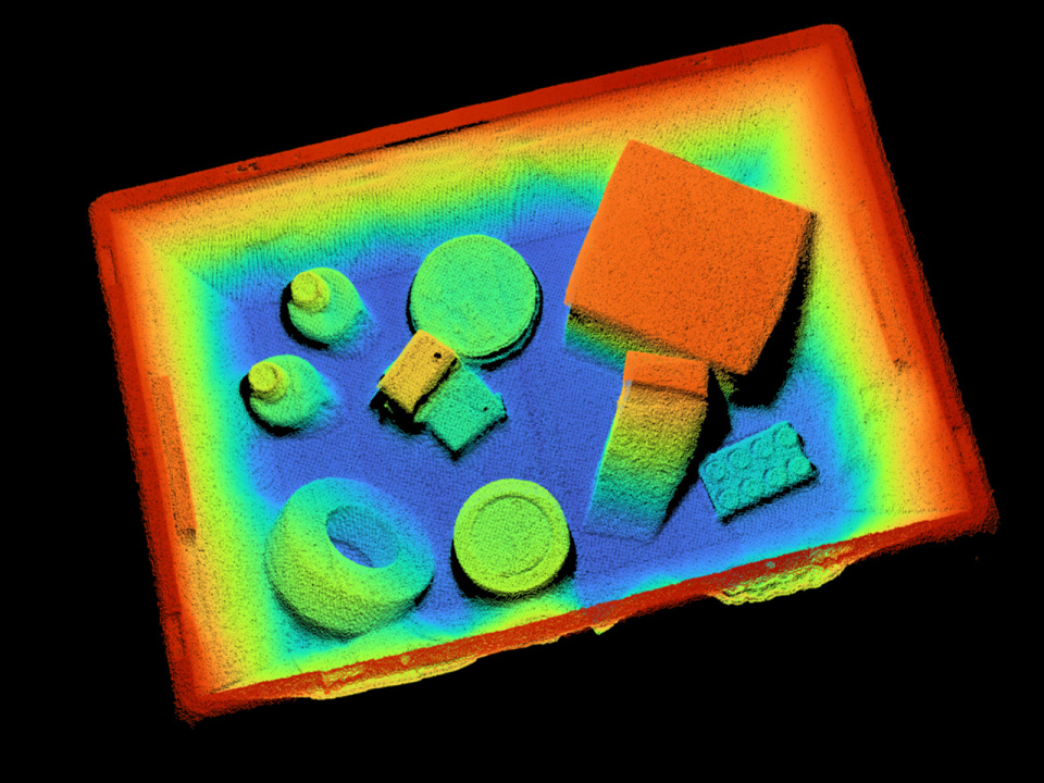 箱に入ったさまざまな物体のカラフルな3D点群
