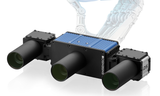 Ensenso Xシリーズのカメラと、背景の「3D」サインを持つロボットハンド