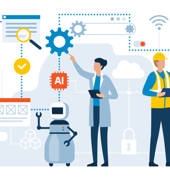 2人の人間とロボットのグラフィック表現、AI、WLAN、歯車など様々なシンボル