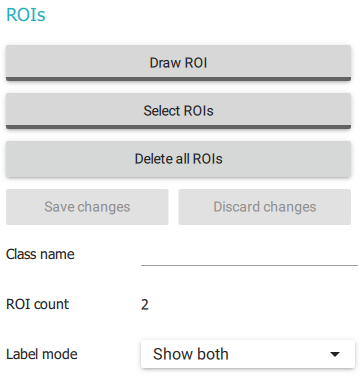 ROI Manager のスクリーンショット．ROIの描画, ROIの選択, すべてのROIの削除, 変更の保存, 変更の破棄, クラス名, ROIカウント, ラベルモード