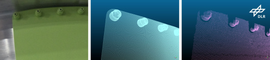 リベット付きのプレートの画像：実物、CAD点群、3Dカメラ点群