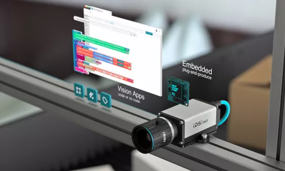 レンズとPoE接続を備えたIDS NXT AIカメラ、画像解析用AIソフトウェアに囲まれている