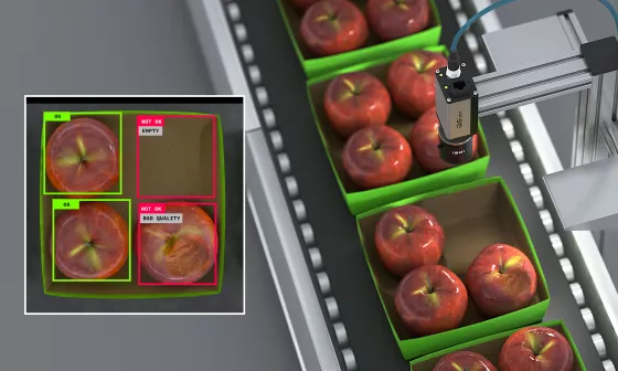 IDS NXT カメラが、コンベアベルト上の包装されたリンゴの完全性と品質をチェックします。