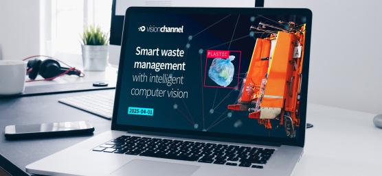 廃棄物管理のためのAIアプリケーション・ソリューションに関するVision Channelビデオのアナウンスが、ノートパソコンの画面上で見られる。