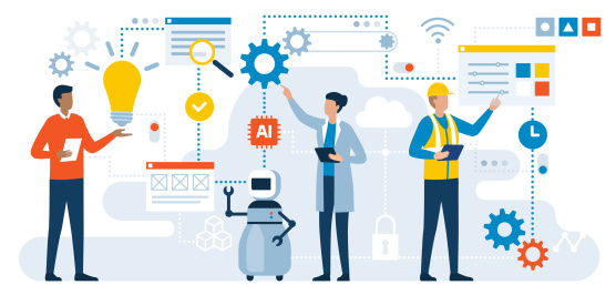 2人の人間とロボットのグラフィック表現、AI、WLAN、歯車など様々なシンボル