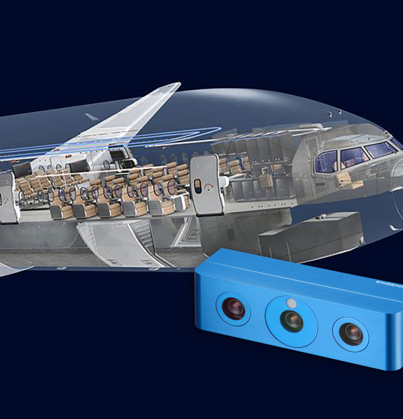 航空機前方部のキャビン内部を望む構図。手前には Ensenso 3D カメラが写っている。