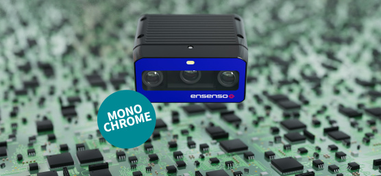 Ensenso B 3D カメラ、背景に回路基板、ラベルは「Monochrome