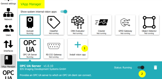VApp Managerでは、OPC UAサーバーを起動する個々のステップに番号が付いています。