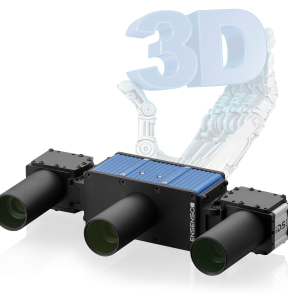 Ensenso Xシリーズのカメラと、背景の「3D」サインを持つロボットハンド