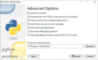 Python インストールのダイアログ - 高度なオプション