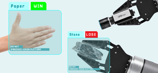 人間の手とロボットアームがジェスチャーを示し、IDS NXTカメラがそれを分析します。