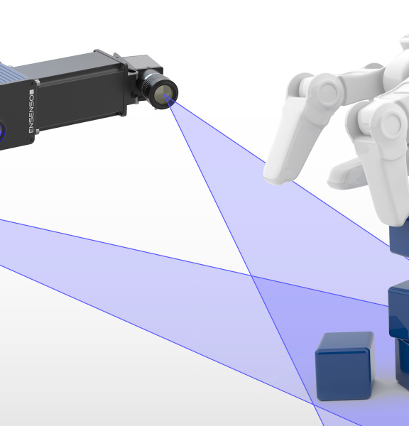 箱を積み重ねるロボットアームとEnsenso 3Dカメラのイラスト。