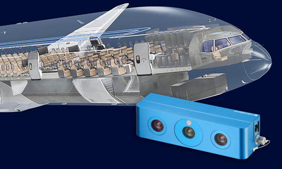 航空機の機首部分、客室内部を撮影した写真。手前にEnsenso 3Dカメラ