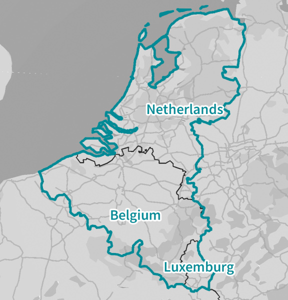 ベルギー、ルクセンブルク、オランダは地図上にマークされている。