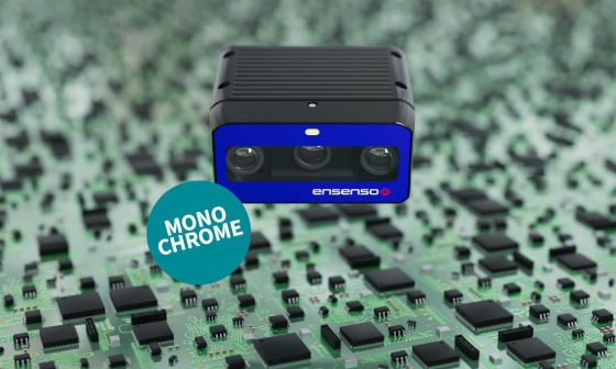 Ensenso B 3D カメラ、背景に回路基板、ラベルは「Monochrome
