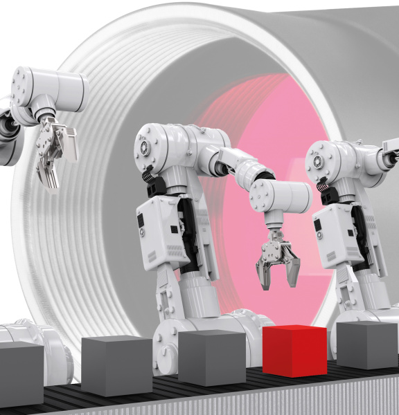 カメラの前に立ち、ベルトコンベアからキューブをつかむロボットのイラスト。