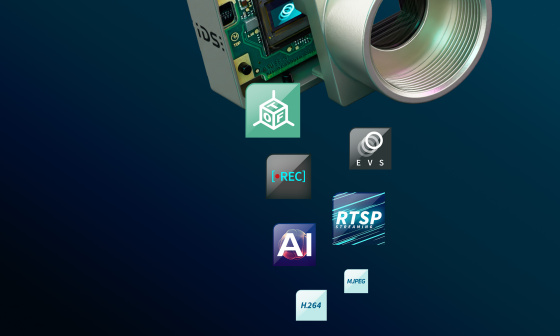 TOF、EVS、REC、RTSP、AI、MPEG、H264 用の複数のアイコンを備えた IDS uEye イベントベースカメラ。