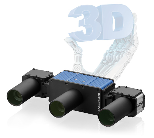 Ensenso Xシリーズのカメラと、背景の「3D」サインを持つロボットハンド