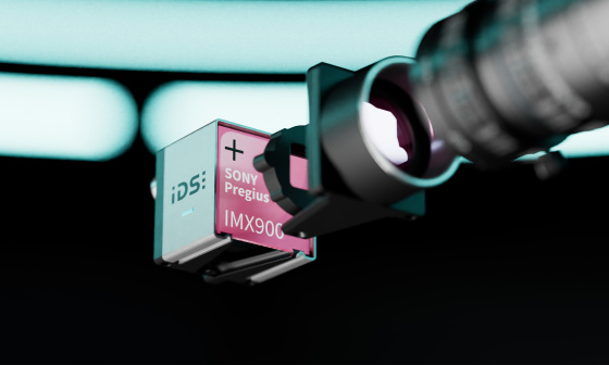 IDS監視カメラ、「Sony Pregius IMX900」と表示されたラベル、およびレンズ。