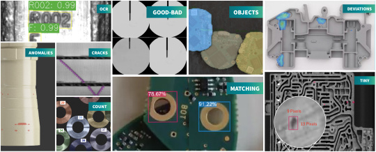 さまざまな DENKnet AI アプリケーションの結果の画像には、異常および物体認識、良/不良チェック、物体計数、OCR などがあります。