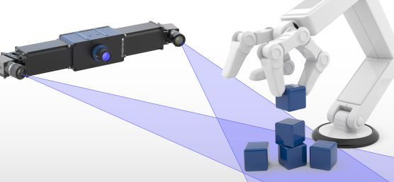 箱を積み重ねるロボットアームとEnsenso 3Dカメラのイラスト。