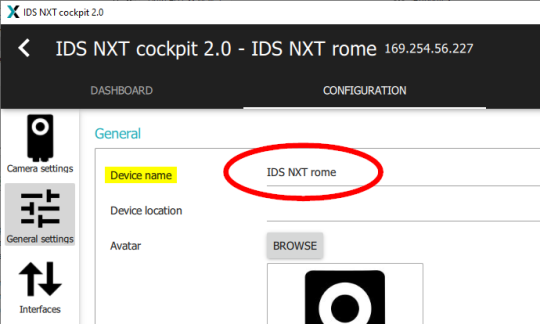 Generel の設定では、デバイス名 IDS NXT rome が赤い丸で囲まれています。