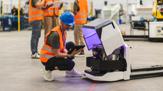 タブレットを使い、開いた搬送ロボットを点検する人物。