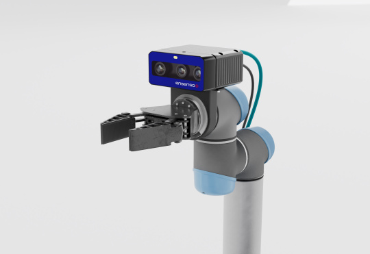 ピッキング作業用ロボットアームに搭載された Ensenso B 3D カメラ