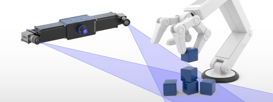 箱を積み重ねるロボットアームとEnsenso 3Dカメラのイラスト。