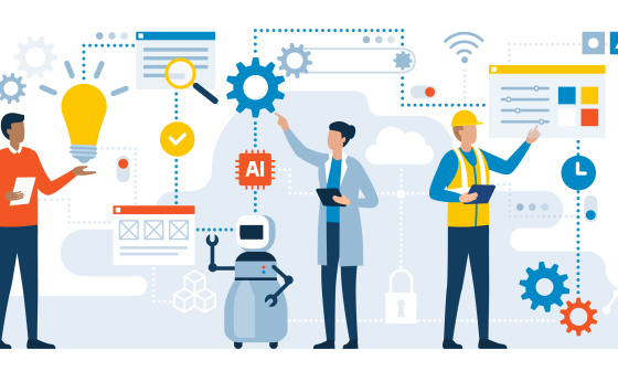 2人の人間とロボットのグラフィック表現、AI、WLAN、歯車など様々なシンボル