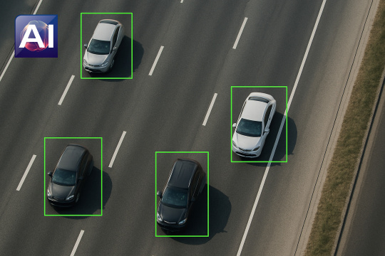 道路上の車がカメラによって検出されている様子とAIアイコン
