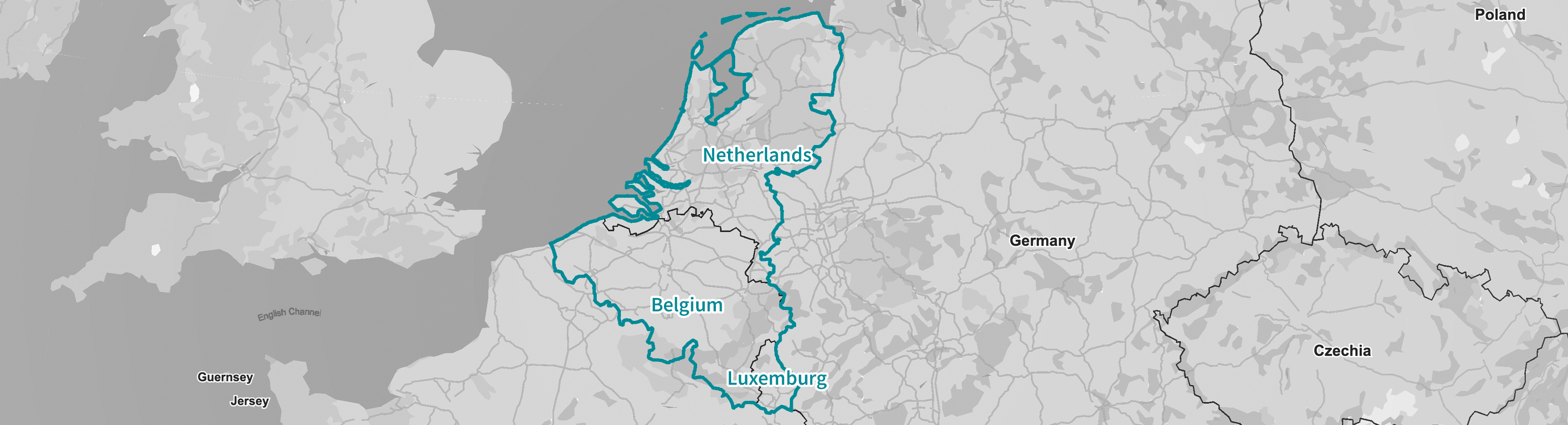 ベルギー、ルクセンブルク、オランダは地図上にマークされている。